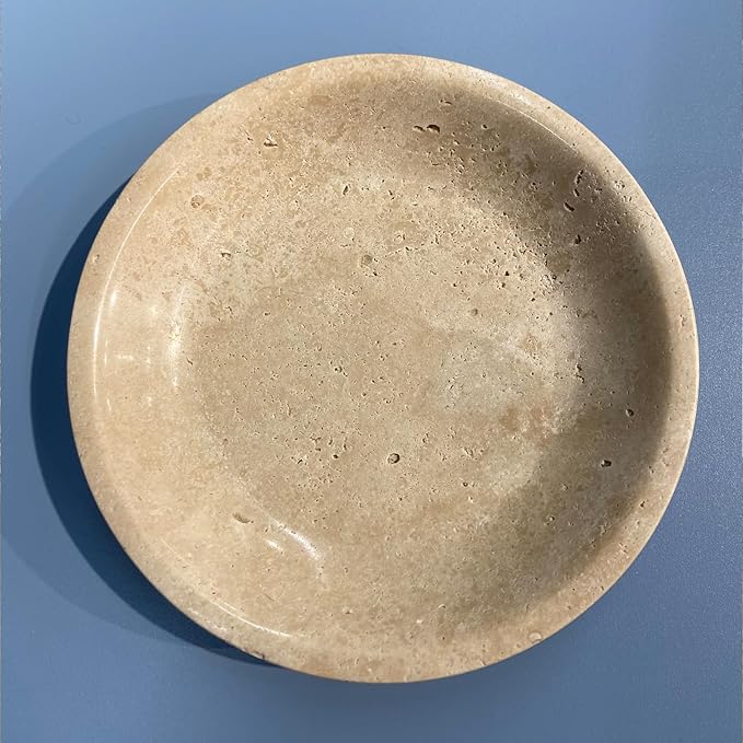 5.9" Round Travertine Ring Dish Jewelry Tray, Marble Trinket Dish Tray, Nightstand Decor, Coaster, Soap Dish, Sponge Holder for Bathroom, Beige