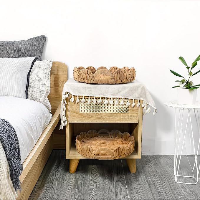 KOKODO Set of 2 Scalloped Round Wicker Tray – Handwoven Water Hyacinth Storage Baskets with Handles for Organizing, Bathroom, Living Room & Shelf Décor – Decorative Rattan Organizing Tray