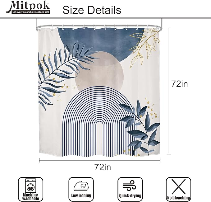 4 PCS Navy Blue Gray Boho 72Wx72H Shower Curtain Set Modern Mid Century Plant Bath Rug Toilet Lid Cover Nonslip U Shape Mat Quick Dry Rubber Backed Dirt Resistant Accessories Bathroom Decor