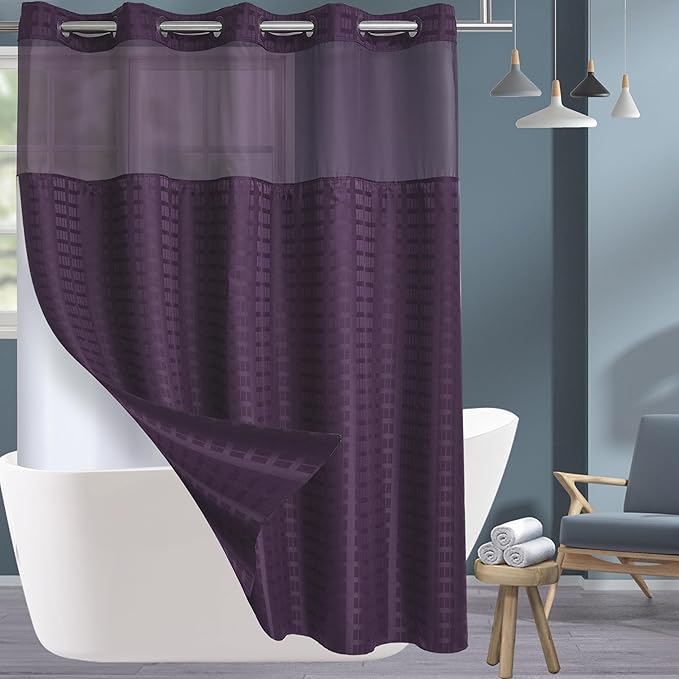 Conbo Mio No Hook Shower Curtain with Snap in Liner Set, Hotel Luxury Purple Shower Curtains for Bathroom with See Through Top Window, Waterproof, Washable 71W x 74H