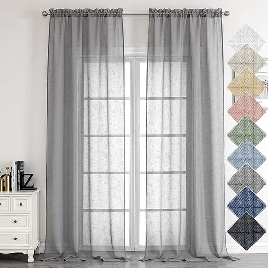 Aiyufeng Gray Faux Linen Sheer Curtains 96 Inches Long 2 Panels, Light Filtering Textured Soft Rod Pocket Window Curtain Panels for Farmhouse Living Room Bedroom, Each 40Wx96L Inch, Grey