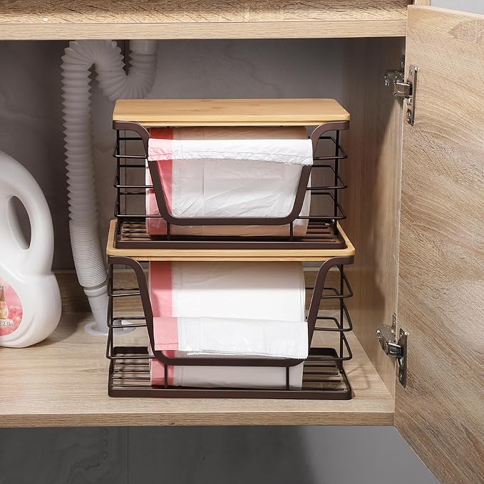 ALOCEO Extra Large Trash Bag Dispenser Under Sink, Stainless Steel Stackable Storage for Kitchen Pantry Organizers and Storage, Brown