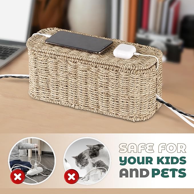 BLUEWEST Large Cable Management Box, Natural Rattan Cable Cord Organizer Boxes for Power Strip – 2 Open Slots Cords Hider Box for TV Wires, Computer, Router, USB Hub and Under Desk Power Strip