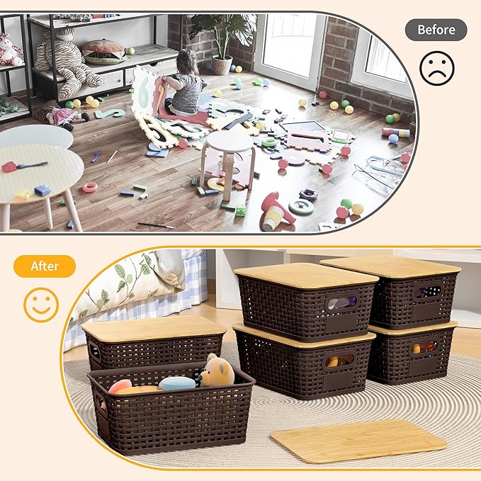 6 Pieces Brown Plastic Storage Baskets with Bamboo Lids with Labels Stackable Storage Containers for Organizing Shelves Drawers Desktop Closets Playroom Classroom Office