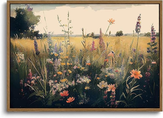 KISSFOX Vintage Wildflower Field Canvas Wall Art Spring Farmhouse Landscape Floral Framed Wall Art Rustic Cottagecore Colorful Botanical Art Prints Artwork For Living Room Bedroom Kitchen