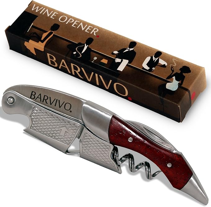 Barvivo Red Pear Wine Opener with Foil Cutter Knife and Cap Remover, Double Hinged Manual Wine Key for Bartenders, Servers, Waiters, Stainless Steel Wine Bottle Opener Corkscrew