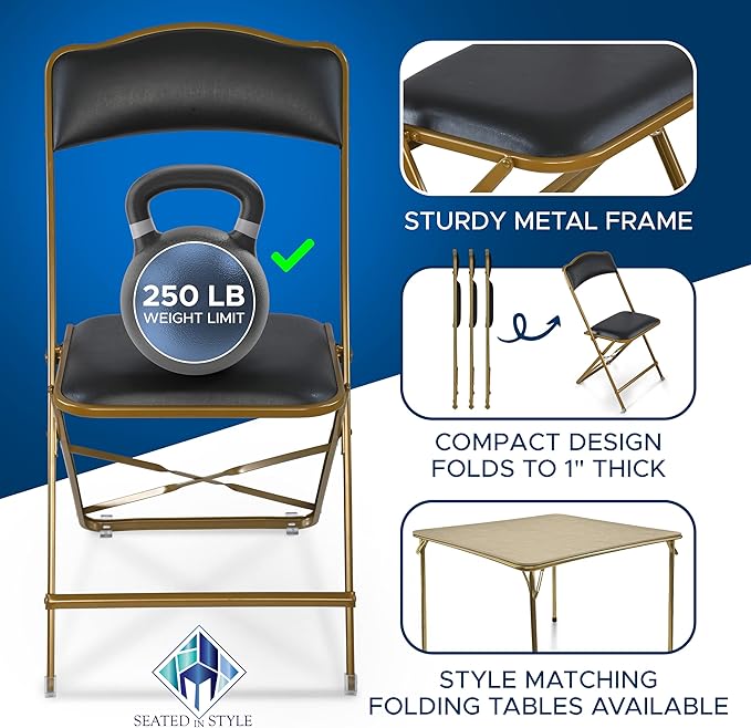 Folding Chairs with Padded Seats 4 Pack - Foldable Chair with Heavy-Duty Steel Frame, Elegant Party Bridge Chairs, Metal Folding Chair for Outside, Home, Office, Indoor & Outdoor Events - Gold/Black