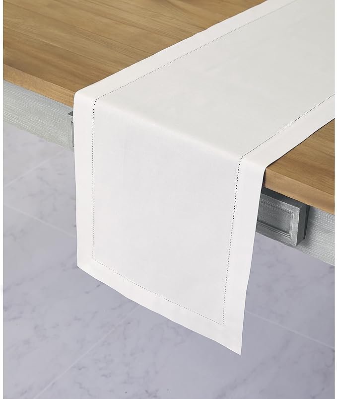 Solino Home Cotton Linen White Table Runner 72 Inches Long - Hemstitch Table Runner 14 x 72 Inch for Dresser, Dining, Fall, Autumn, Halloween, Thanksgiving, Christmas, Holiday