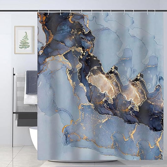 Domoku Blue Marble Waterproof Shower Curtain 72 x 72 Inches with Hooks, Machine Washable Easy-Care Fabric Bathroom Curtain for Tub or Shower