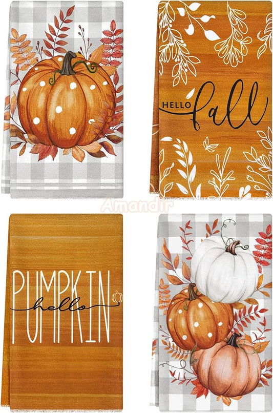 Amandir Fall Kitchen Dish Towels Orange Buffalo Plaid Polka Dot Leaves Hello Pumpkin Fall Hand Towels, 18x26 Inch Farmhouse Home Decor Tea Bathroom Autumn Thanksgiving Decorations Set of 4
