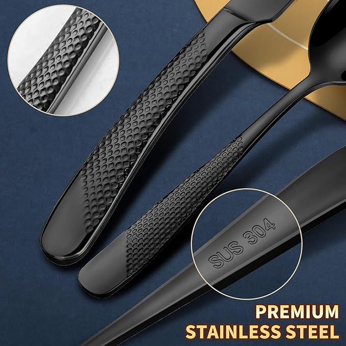 Lemeya 40-Piece Hammered Black Silverware Set for 8 with Serrated Forging Knives,18/10 Stainless Steel Modern Flatware Set,Unique Cutlery Set Spoons and Forks Set,Mirror Polished,Dishwasher Safe