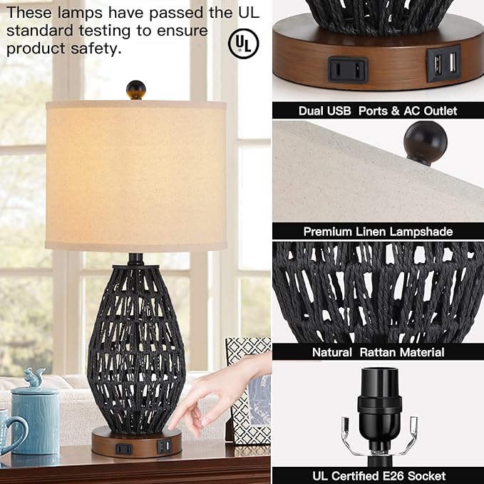 Touch Control Rattan Table Lamps, 3 Way Dimmable Bedside Lamps for Bedroom Set of 2 with 2 USB Ports and AC Outlet, Black Wicker Nightstand Lamps for Living Room (LED Bulbs Included)
