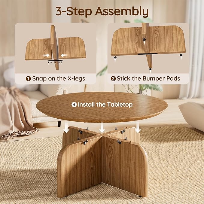 Round Coffee Table with Stylish Curve, 31.5" Circle Wooden Living Room Coffee Table, Modern Farmhouse Center Accent Furniture, Child-Friendly, Easy to Assembly, Brown