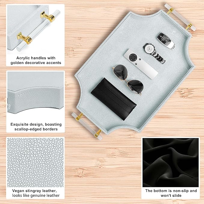 22.6'' × 13'' Coffee Table Tray Shagreen Decorative Tray for Ottoman Home Decor Serving Tray with Acrylic Gold Handles Modern Elegant Scalloped Large Ottoman Tray