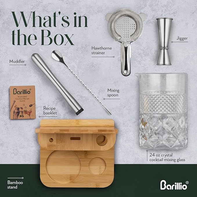 Barillio 24 Oz Crystal Cocktail Mixing Glass with Bamboo Stand & Bar Tools | Seamless Lead-Free Crystal, Weighted Base Stirring Pitcher | Including Muddler, Mixing Spoon, Jigger and Strainer
