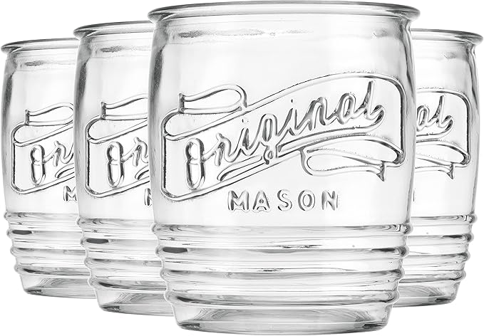 Glaver's Drinking Glasses Set of 4 Original Mason Whiskey 13 Oz Genuine Artisan-Made Vintage Italian Tumbler Glassware Set for Refreshing Drinks, Beverages, Iced Tea