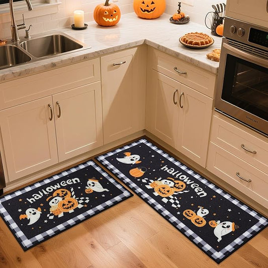 JSEI Halloween Holiday Kitchen Mats for Floor, Non-Slip Ghost and Pumpkins Decorative Kitchen Rugs Set of 2, Home Decor Low-Profile Kitchen Runner Rug Washable, 17"x30"+17"x48", Ghost and Pumpkins