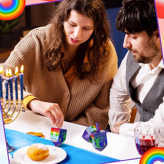 2 Pcs Hanukkah Dreidels Game Toy Extra Large Wooden Dreidel for Hanukkah Decoration with English Transliteration, Forever Spinning Tops Party Favors(Temples)