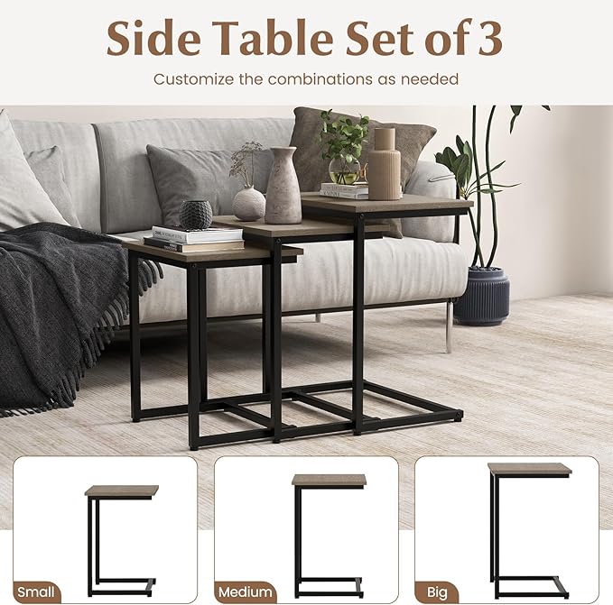 Giantex Nesting Coffee Table Set of 3, Stackable Square End Table w/Wood Grain Tabletop & Heavy-Duty Metal Frame, Farmhouse C-Shaped Accent Table for Small Space, Living Room, Bedroom (Black Oak)
