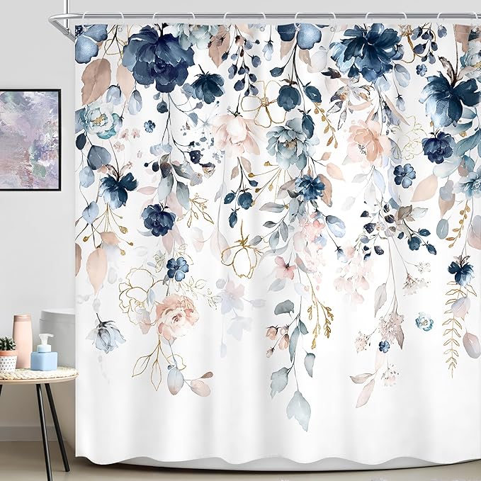 Blue Pink Floral Shower Curtain 60Wx72L Inch Flower Watercolor Wildflower Blossom Rustic Eucalyptus Leaves Plant Spring Bathroom Set Girl Botanical Bath Curtain Bathtub Accessories Home Decor