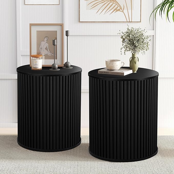 AVZEAR Small Round Side Table Fluted Night Stand Set of 2, Mid Century Modern End Table with Storage, Circle Bedside Tables Wood Nightstands for Small Spaces, Living Room, Bedroom (Black)
