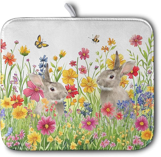 Easter Dish Drying Mat for Kitchen Counter Easter Bunny Flowers Dish Drying Pad Spring Rabbit Floral Dishes Drainer Mats Absorbent Microfiber Kitchen Countertop Protector Drying Mats 16x18 in