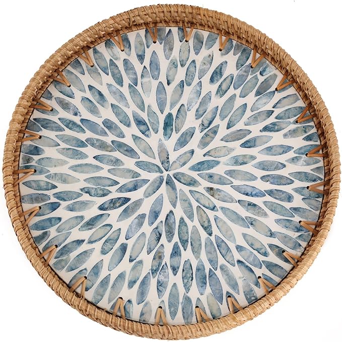 Round Rattan Tray with Mother of Pearl Inlay, Rattan Serving Tray for Coffee, Bread, Fruits, Decorative Wicker Tray for Table Decor, Home Decor, Kitchen Island Decor (Light Blue Leaf, 11.8")