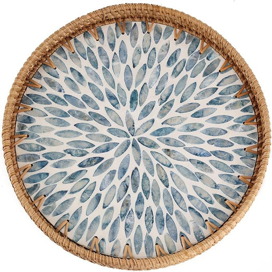 Round Rattan Tray with Mother of Pearl Inlay, Rattan Serving Tray for Coffee, Bread, Fruits, Decorative Wicker Tray for Table Decor, Home Decor, Kitchen Island Decor (Light Blue Leaf, 11.8")