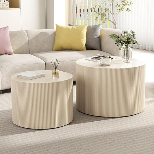 Round Coffee Table Set of 2, Modern Wooden Beige Nesting Coffee Tables for Living Room, No Assembly Required Circle Side Tables Set Accent End Table for Bedroom, Balcony