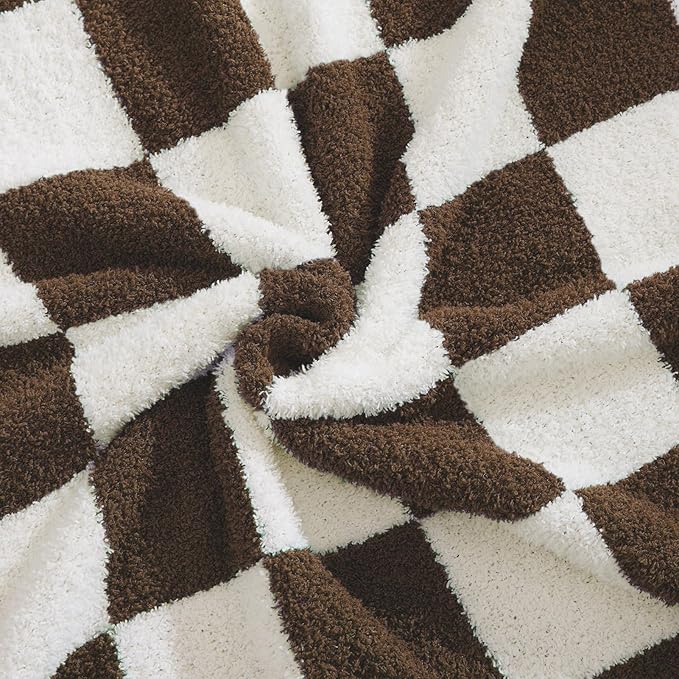 WRENSONGE Checkered Throw Blanket, Coffee Soft Cozy Fluffy Warm Hand Made Throw Blankets for Couch, Sofa, Chair, Bed, Camping, Picnic, Travel Lightweight Bed Blanket - 60"*80"