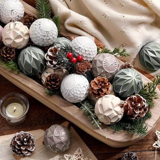 Syhood 24 Pcs Neutral Textured Christmas Ball Ornaments 2.4 Inch Vintage Xmas Tree Decorations Rustic Distressed Xmas Baubles Antique Farmhouse Modern Christmas Decor for Tree Home (Neutral)