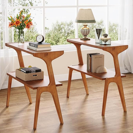 Tribesigns Set of 2 Narrow Side Table, 2-Tier Solid Wood End Table with Storage, Modern Couch Side Table for Living Room, Slim Bedside Table for Bedroom, Small Spaces, Walnut