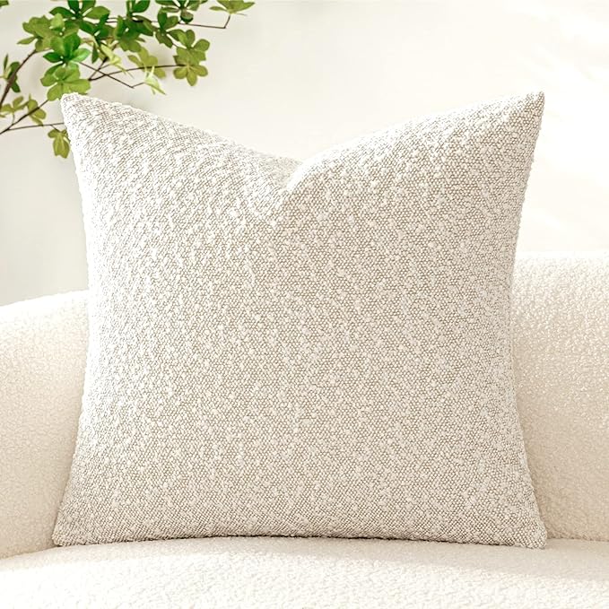 Woaboy Pack of 1 Decorative Boucle Throw Pillow Covers Textured Square Pillowcaes Accent Solid Cozy Soft Cushion Covers Home Decor for Sofa Couch Living Room Bed,18x18 Inch Lvory