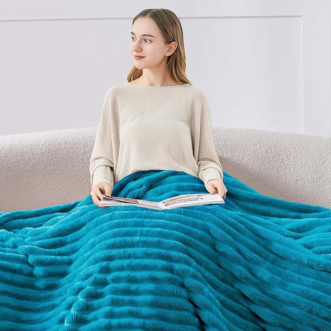 BEDELITE Fleece Throw Blanket for Couch - 300GSM Soft & Warm Fluffy Teal Blanket, Decorative and Giftable Striped Blankets for Women, Men, 50"x60"