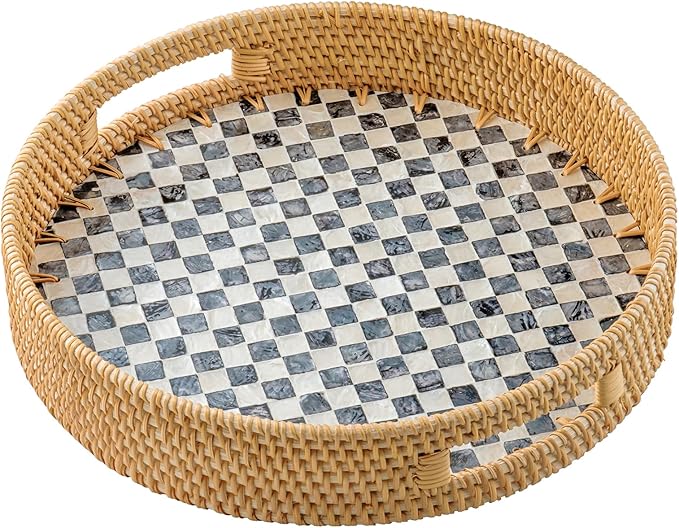 13.8 in Round Rattan Serving Tray with Handle, Mother of Pearl Tray Wooden Base, Decorative Wicker for Table, Kitchen Island & Home Decor (Black Checkerboard)