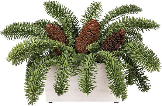 DILATATA Christmas Centerpieces 8 Inch Artificial Christmas Plant in Rectangular Wooden Pot Tabletop Pine Plants with Pine Cones for Winter Holiday Party Fireplace Mantel Xmas Decor