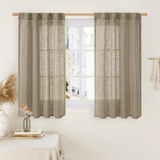 LAMIT Linen Curtains 48 Inch Length 2 Panels, Light Filtering Panels Back Tab and Rod Pocket Country Decor Drapes for Kitchen/Window/Loft Room/Bedroom, 34 x 48 Inch, Taupe