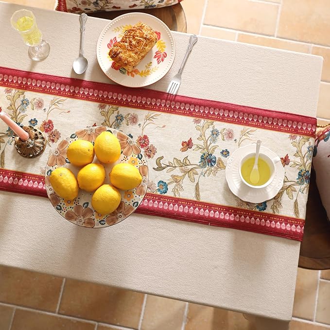 patdrea Designer Farmhouse Linen Table Runner, Rustic Cottage Mauve with Rooster and Floral Pattern Fabric Table Mat, Decoration for Kitchen Dining Coffee Table Banquet Christmas , 12"*102"