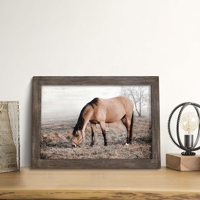 Horse Wall Art Decor Bedroom: Wild Animal Wood Framed Picture Brown Horse on Grassland Print Artwork Vintage Wildlife Painting for Farmhouse Living Room Kitchen