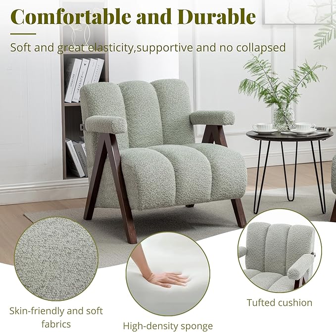 Mid Century Modern Accent Chairs Set of 2 with Solid Wood Frame, Boucle Upholstered Living Room Chairs with Thick Cushion, Comfy Tufted Arm Chair for Bedroom, Sage