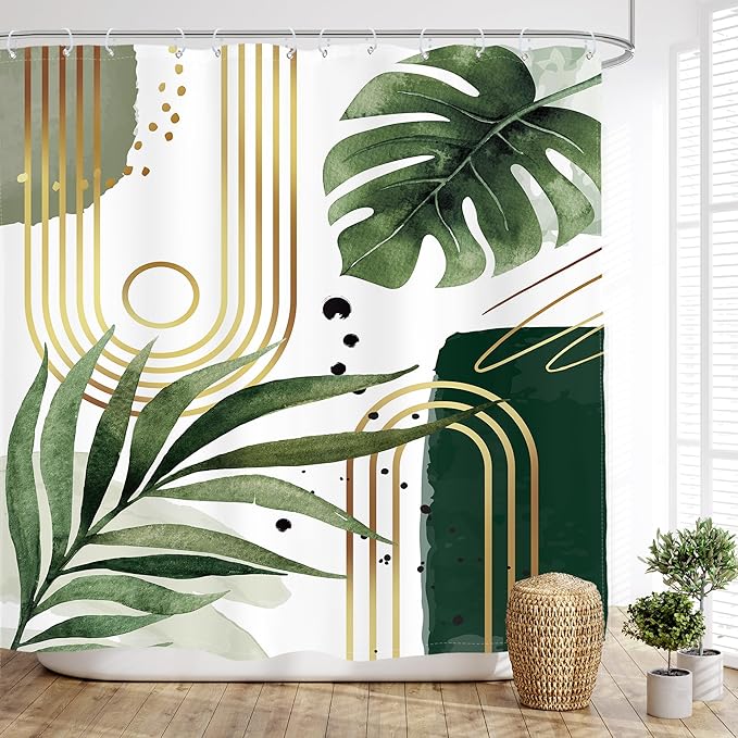 Glawry Green Gold Boho Mid Century Shower Curtain Extra Long Tropical Plant Abstract Minimalist Modern Geometric Leaf Bathroom Simple 72Wx78L Inches Bath Accessories Art Home Decor Fabric 12 Pack Hook