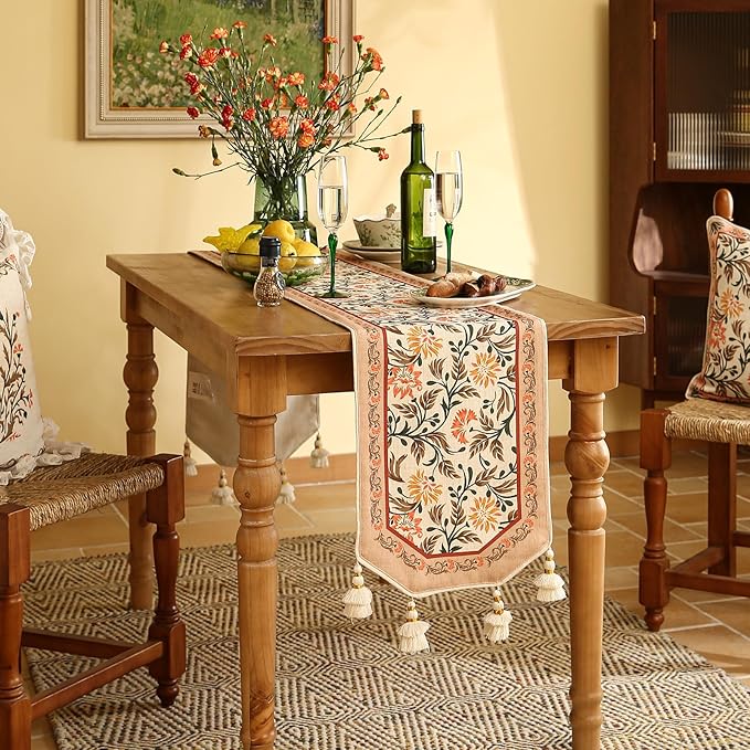 ISAENNE Designer French Elegant Linen Table Runner 87 Inches Long,Farmhouse Lily Pattern Decor Table Runners for Dining Tables,Thanksgiving,Kitchen Tables,Christmas,12"*87"-Aurora A