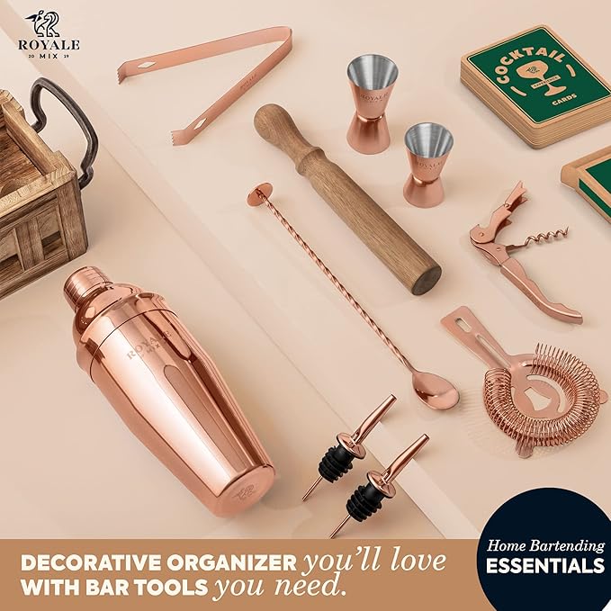 Mixology Bartender Kit with Stand - Bar Set with 25 Cocktail Kit Cards - Bar Kit Drink Mixer Set with Bar Tools - Cocktail Shaker Set Bartending Kit - Ideal Drink Shaker for Housewarming Gift (COPPER)