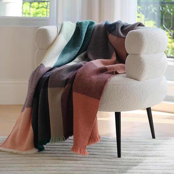 Double Stitch Alpaca Wool Throw Blanket - Warm, Soft Blanket for Couch, Luxury & Decorative Fleece Throw, Fall Plaid, Gift for Mother's Day, House Warming, 50" x 60", Sunset Glow