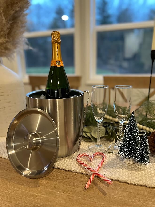 Tiken 3L Double-Wall Vacuum Insulated Ice Bucket with Lid & Tong Stainless Steel Champagne Buckets for Cocktail Bar, Parties & Outdoor