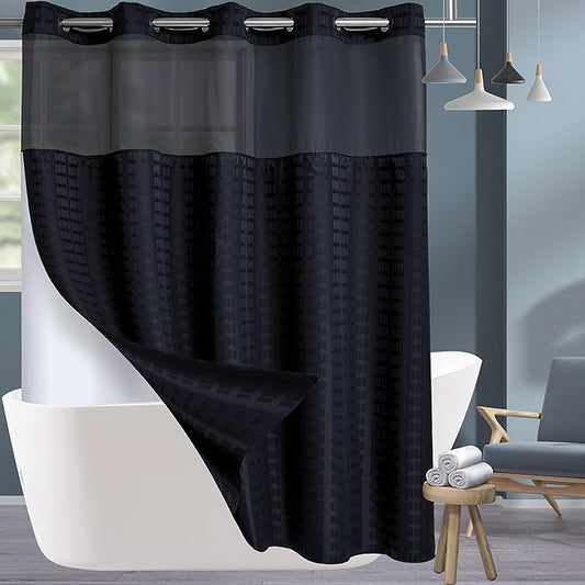 Extra Long No Hook Shower Curtain with Snap in Liner Set, Hotel Luxury Black Shower Curtains for Bathroom with See Through Top Window, Waterproof, Washable 71W x 84H