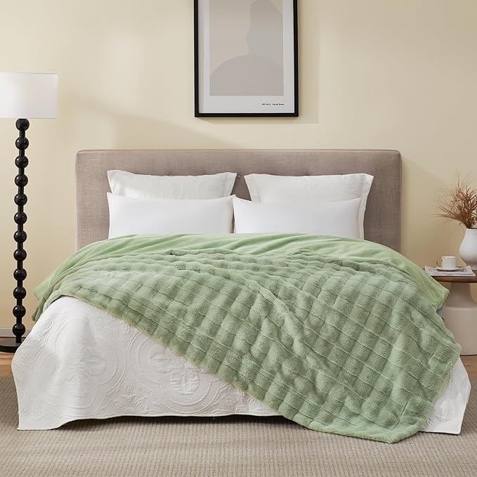 Cozy Bliss Fluffy Faux Fur Blanket Queen Size for Bed, Fuzzy Soft Striped Plush Blanket, Thick Throw for Bedroom Couch Gift, 90x90 Inches Sage Green