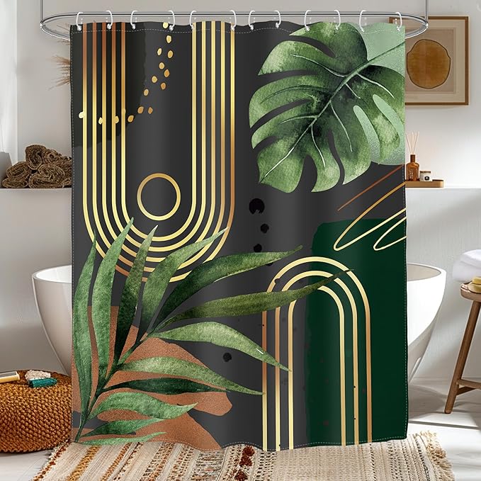 Glawry Dark Green Gold Boho Mid Century Shower Curtain Small Stall RV Narrow Abstract Minimalist Geometric Modern Leaf Bathroom Simple 48Wx72L Inches Bath Accessories Art Home Decor Fabric 8 Pack Hook