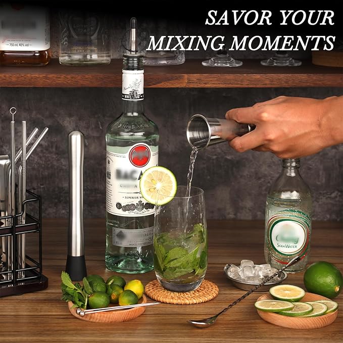 Boston Cocktail Shaker Set with Stand, 20-Piece Complete Bartender Kit for Home Bar Use, Essential Bar Set with 18oz & 28oz Tin Shaker, Bar Accessories and Recipes, Ideal for Parties & Gift Giving