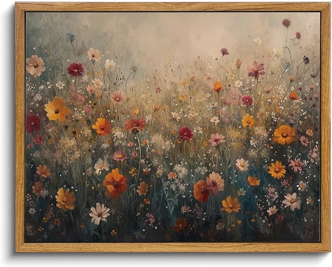 KISSFOX Vintage Framed Wall Art Farmhouse Dreamy Wildflower Field Canvas Art Colorful Daisy Floral Paintings Artwork Natural Rustic Art Prints For Bedroom Bathroom Living Room
